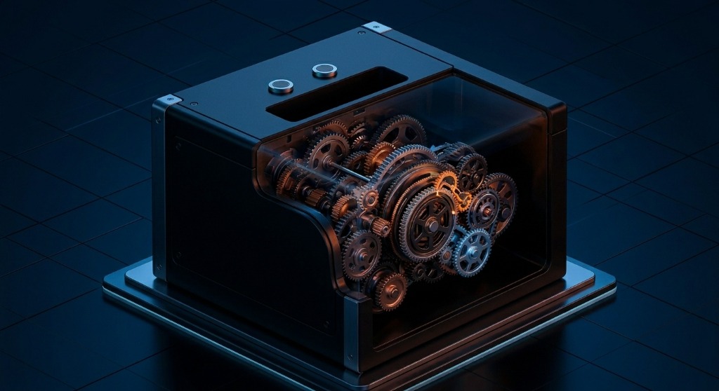 A closed box with hidden gears